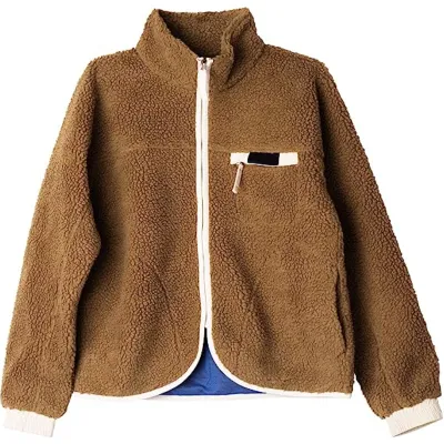 Materiais RPET Casacos de inverno femininos de manga comprida com bolsos Jaqueta Sherpa de lã