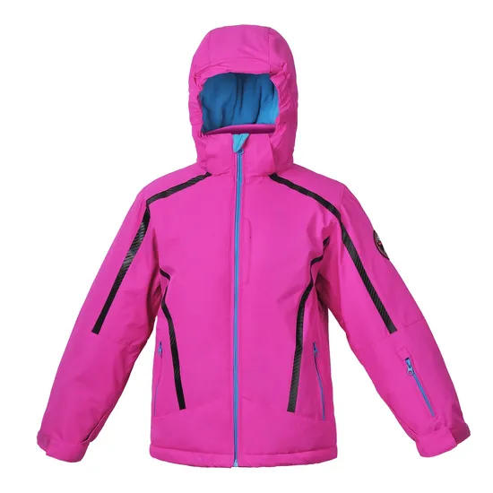 Jaqueta acolchoada de esqui de inverno da moda infantil com capuz destacado cor rosa